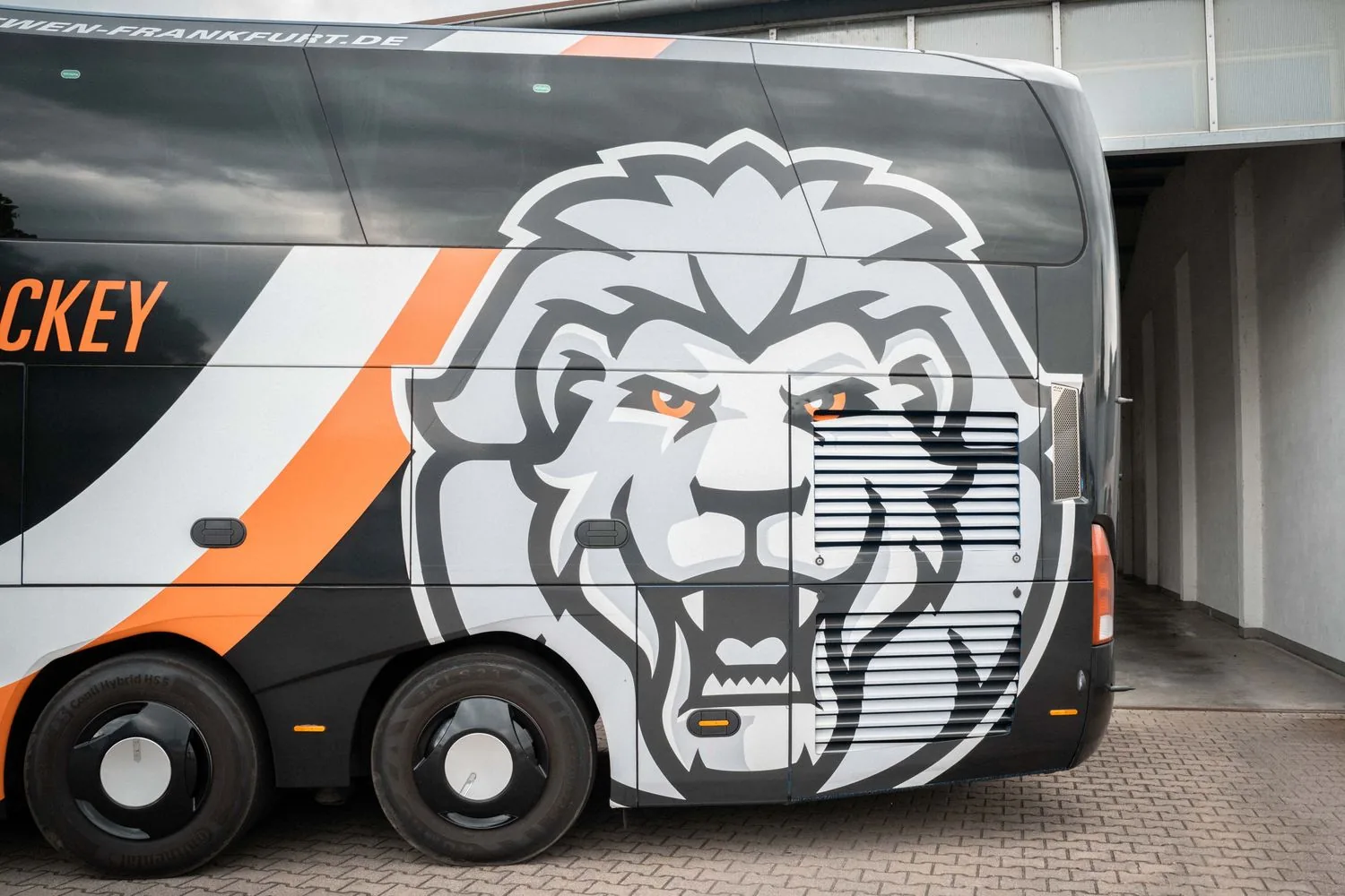 Löwenkopf-Detail auf dem Mannschaftsbus der Löwen Frankfurt